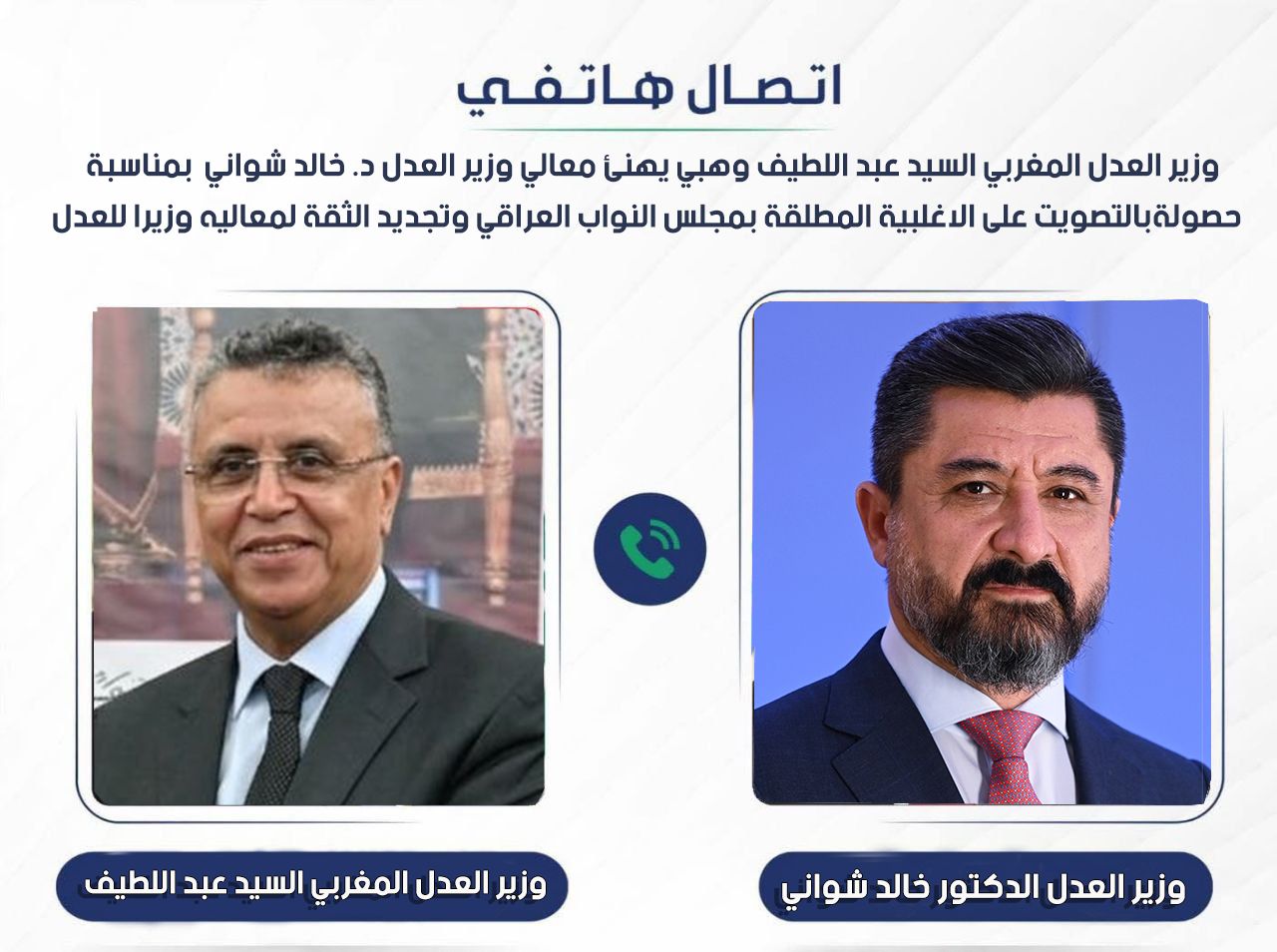 وزير العدل د. خالد شواني يتلقى اتصالاً هاتفياً من وزير العدل المغربي السيد عبد اللطيف وهبي