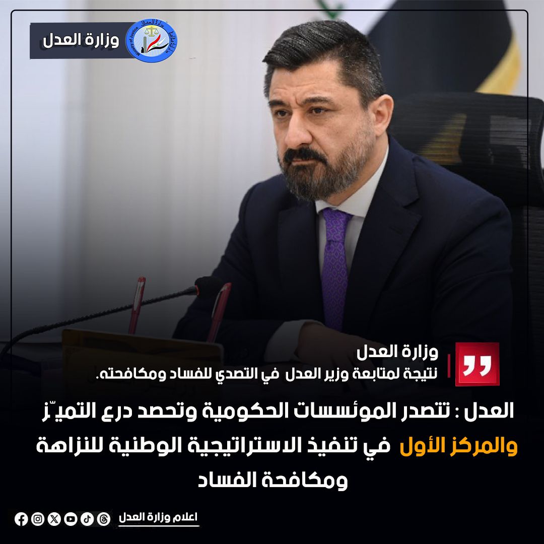 نتيجةً لمتابعة وزير العدل د. خالد شواني وتوجيهاته في التصدي للفساد ومكافحته، تصدّرت وزارة العدل المؤسسات الحكومية وحصدت درع التميّز في تنفيذ الاستراتيجية الوطنية للنزاهة ومكافحة الفساد.