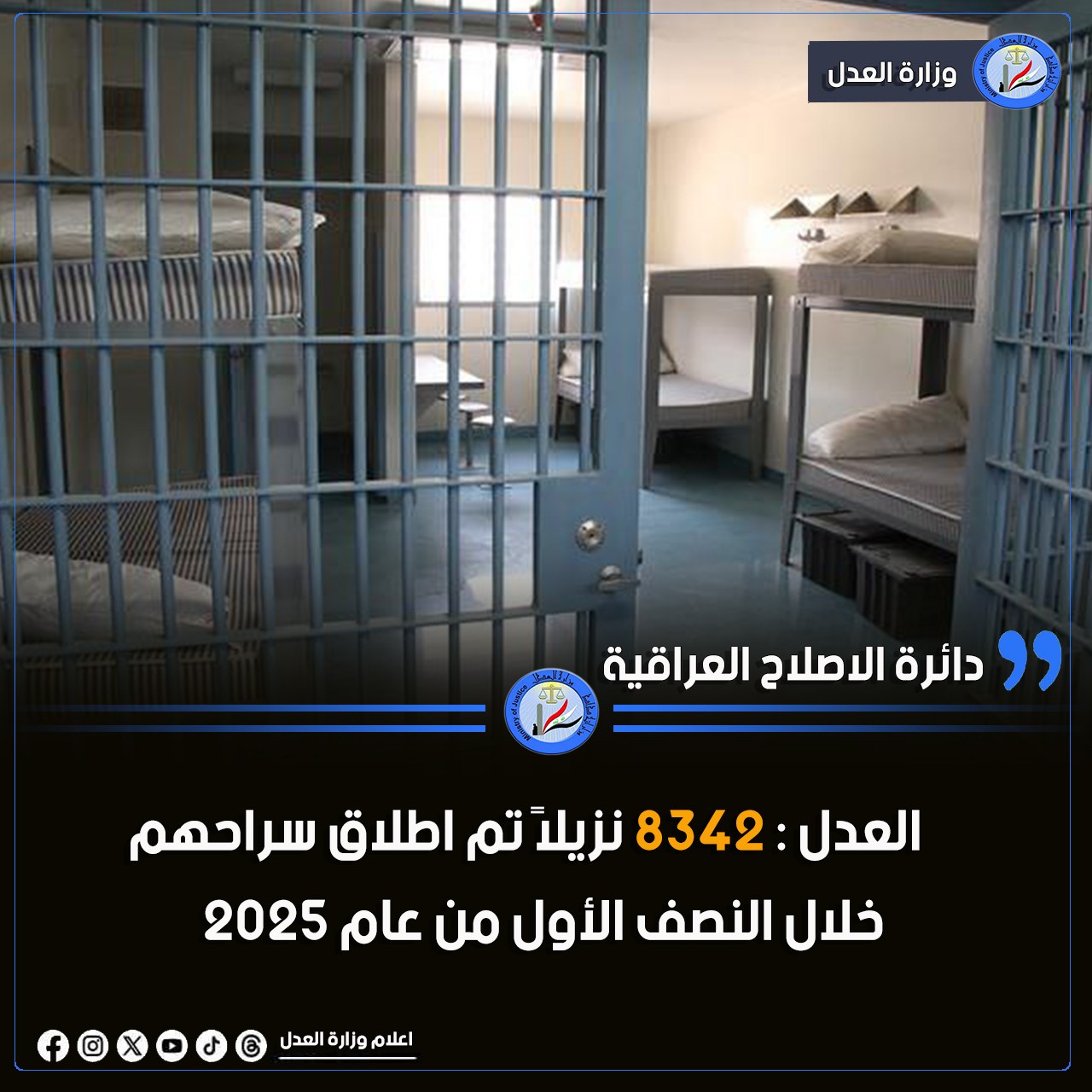 العدل : تعلن إطلاق سراح 8342 نزيلاً في بغداد والمحافظات خلال النصف الأول من عام 2025